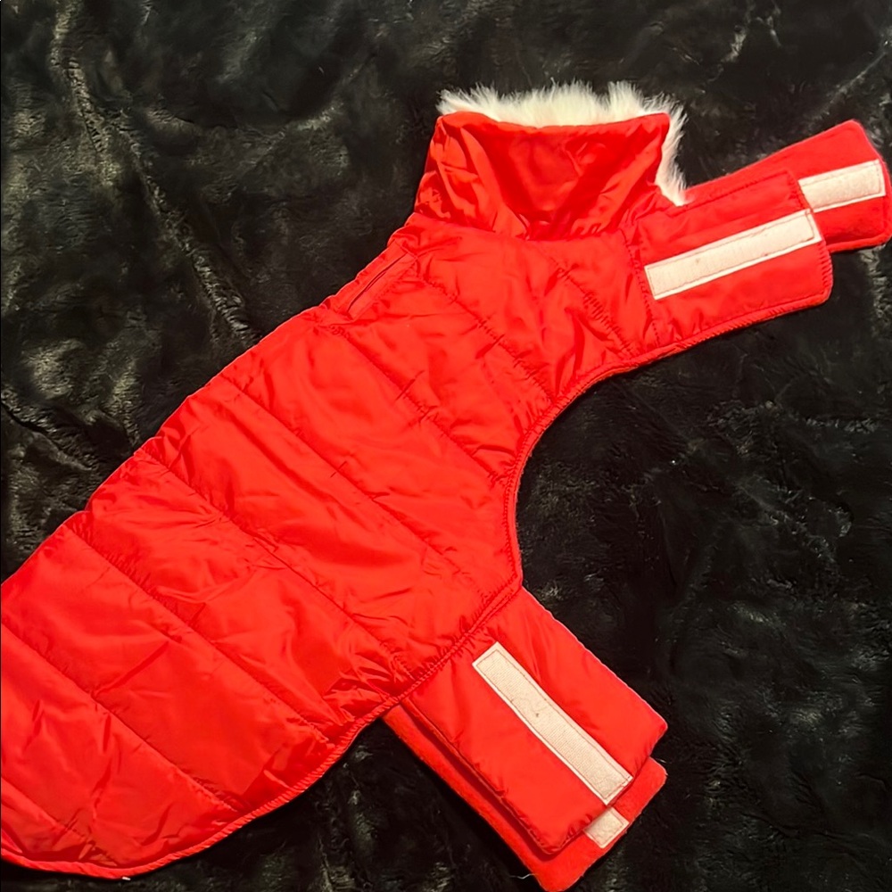 Red Quilted Dog Jacket with Faux Fur Trim. Used for 60 German Shepherd pup